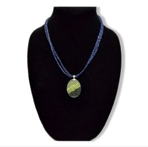 KENNETH COLE Nwot Blue Seed Bead Statement Necklace with Green Enamel Pendant